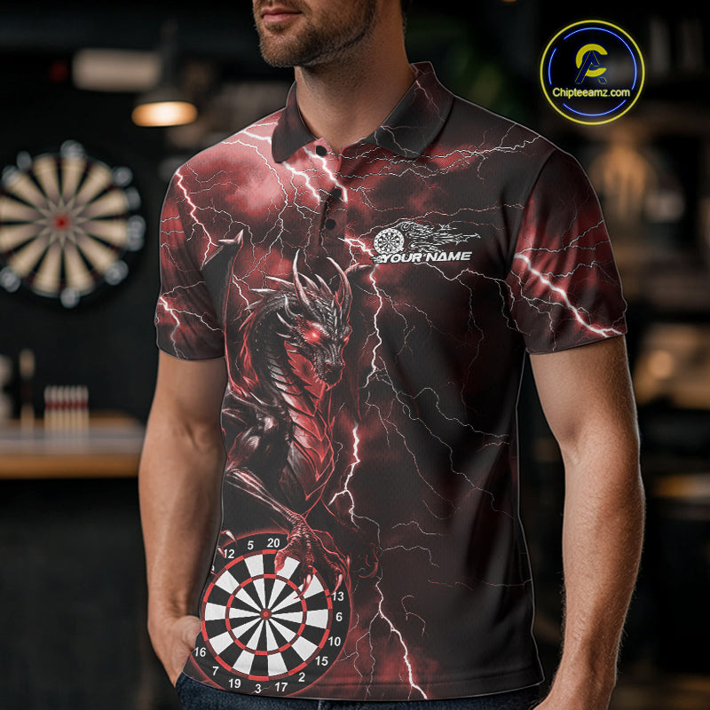 Custom Red Thunder Lightning Dragon Dart Team Polo Shirt For Men, Dart League Shirt IPHW9997
