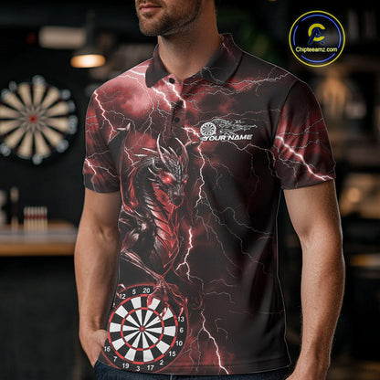 Custom Red Thunder Lightning Dragon Dart Team Polo Shirt For Men, Dart League Shirt IPHW9997