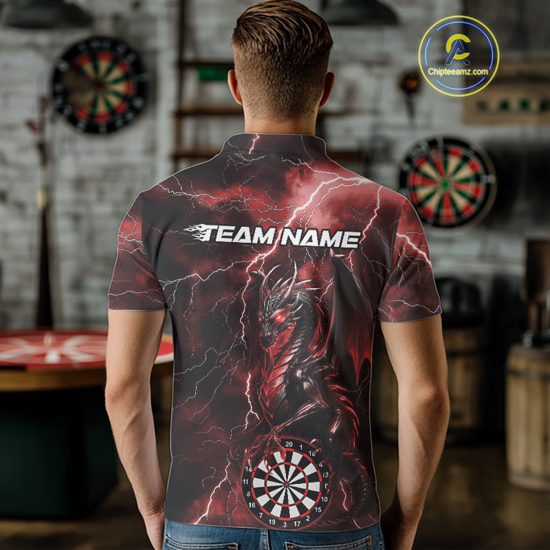 Custom Red Thunder Lightning Dragon Dart Team Polo Shirt For Men, Dart League Shirt IPHW9997