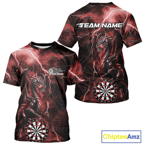 Custom Red Thunder Lightning Dragon Dart Team T-Shirts For Men, Dart League IPHW9997