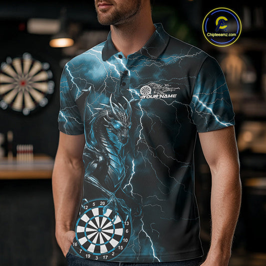 Custom Blue Thunder Lightning Dragon Dart Team Polo Shirt For Men, Dart League Shirt IPHW9998