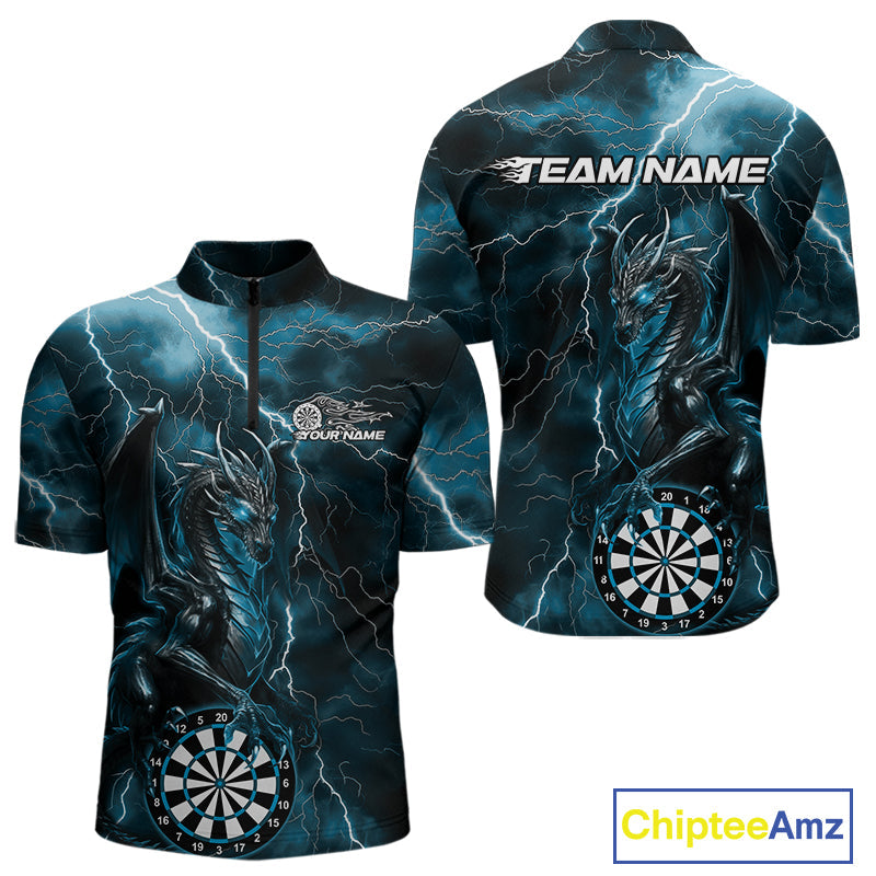 Custom Blue Thunder Lightning Dragon Dart Team Quarter-Zip Shirt For Men, Dart League Shirt IPHW9998