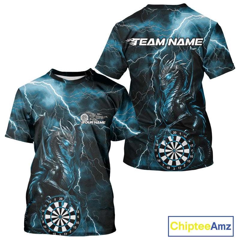 Custom Blue Thunder Lightning Dragon Dart Team T-Shirts For Men, Dart League IPHW9998