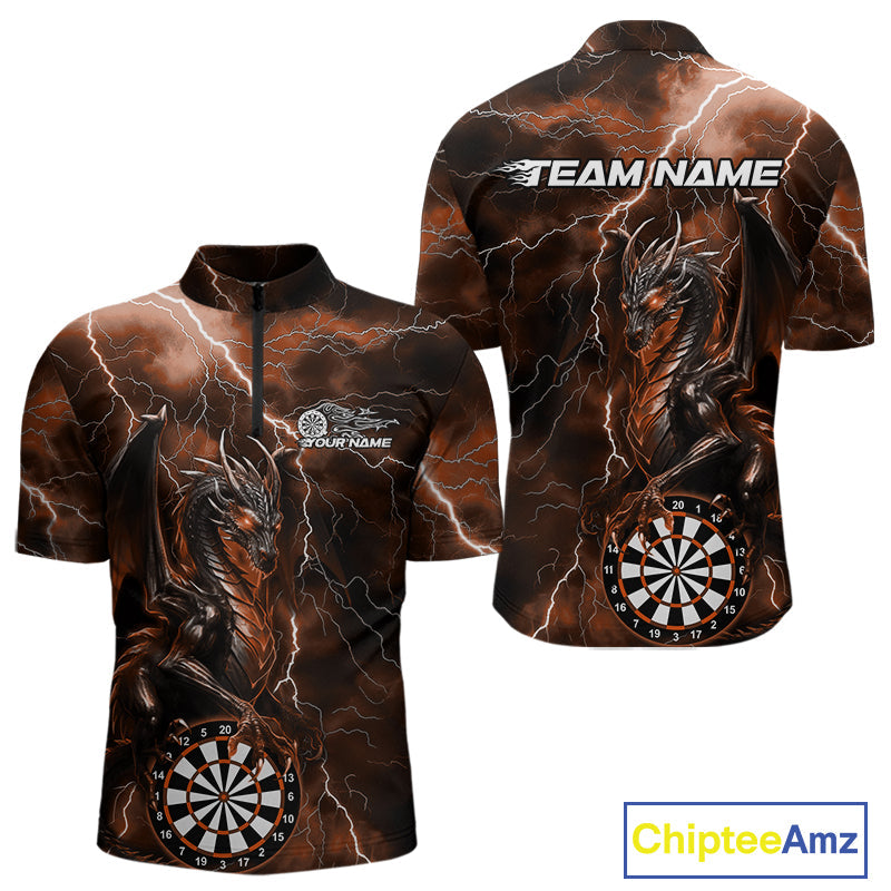 Custom Orange Thunder Lightning Dragon Dart Team Quarter-Zip Shirt For Men, Dart League Shirt IPHW10000
