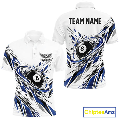 Custom White And Blue Geometric 8 Ball Billiard Men Polo Shirt, Billiard Jersey IPHW12495