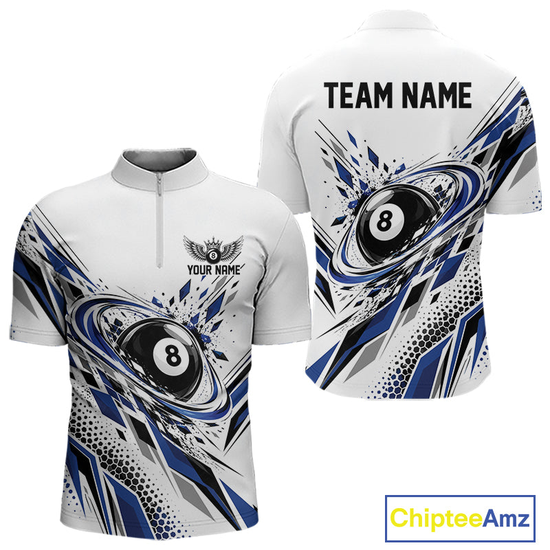 Custom White And Blue Geometric 8 Ball Billiard Men Quarter Zip Shirt, Billiard Jersey IPHW12495