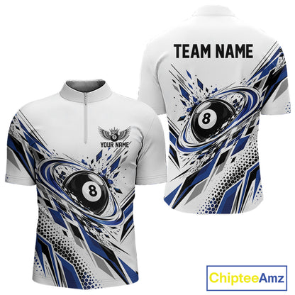Custom White And Blue Geometric 8 Ball Billiard Men Quarter Zip Shirt, Billiard Jersey IPHW12495