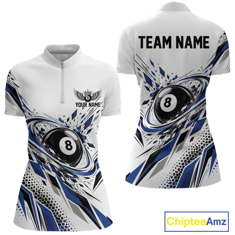 Custom White And Blue Geometric 8 Ball Billiard Women Quarter-Zip Shirt, Billiard Jersey IPHW12495