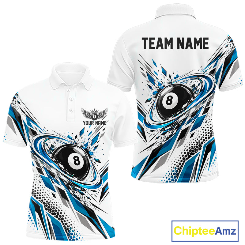 Custom White And Teal Blue Geometric 8 Ball Billiard Men Polo Shirt, Billiard Jersey IPHW12496