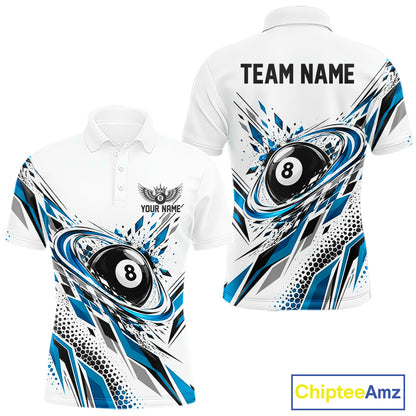 Custom White And Teal Blue Geometric 8 Ball Billiard Men Polo Shirt, Billiard Jersey IPHW12496