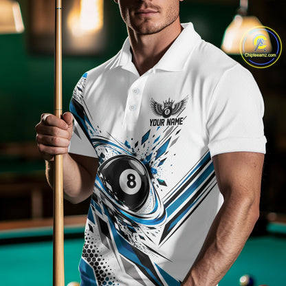 Custom White And Teal Blue Geometric 8 Ball Billiard Men Polo Shirt, Billiard Jersey IPHW12496