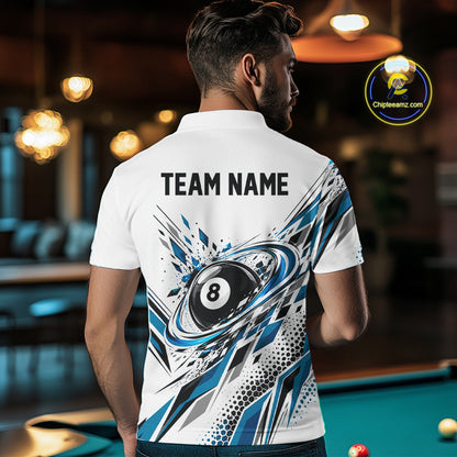 Custom White And Teal Blue Geometric 8 Ball Billiard Men Polo Shirt, Billiard Jersey IPHW12496