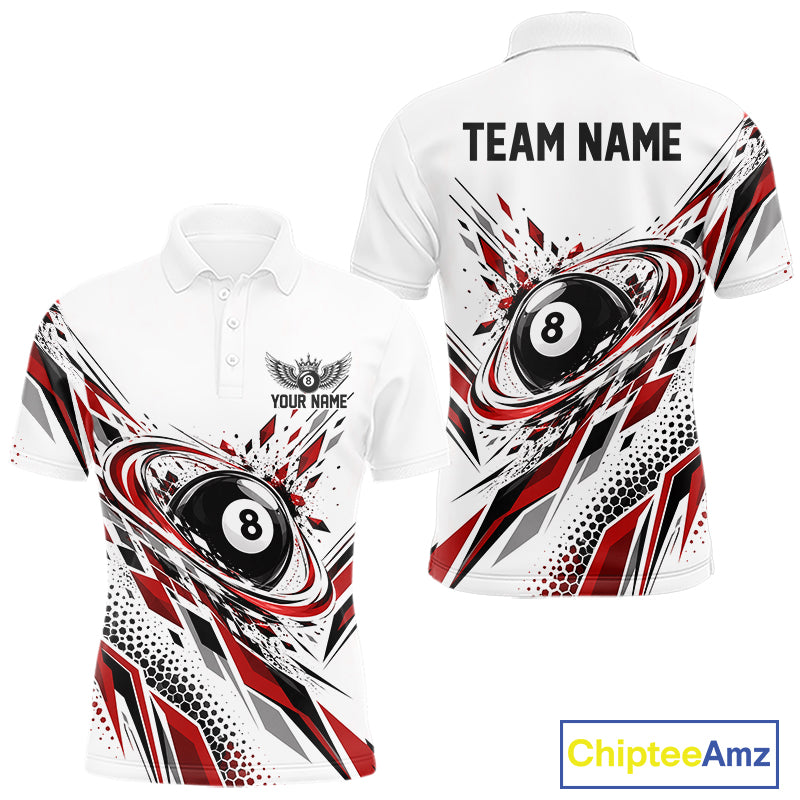 Custom White And Red Geometric 8 Ball Billiard Men Polo Shirt, Billiard Jersey IPHW12497