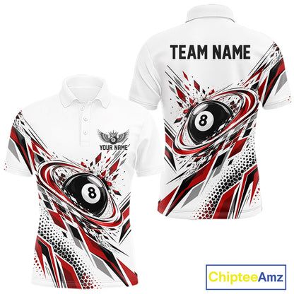 Custom White And Red Geometric 8 Ball Billiard Men Polo Shirt, Billiard Jersey IPHW12497