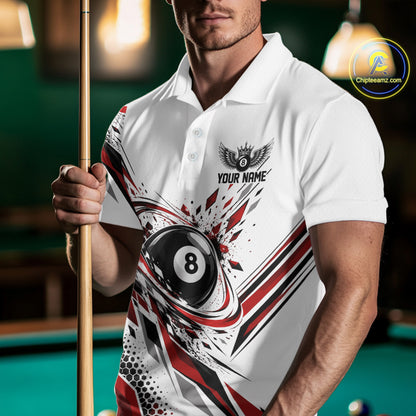 Custom White And Red Geometric 8 Ball Billiard Men Polo Shirt, Billiard Jersey IPHW12497