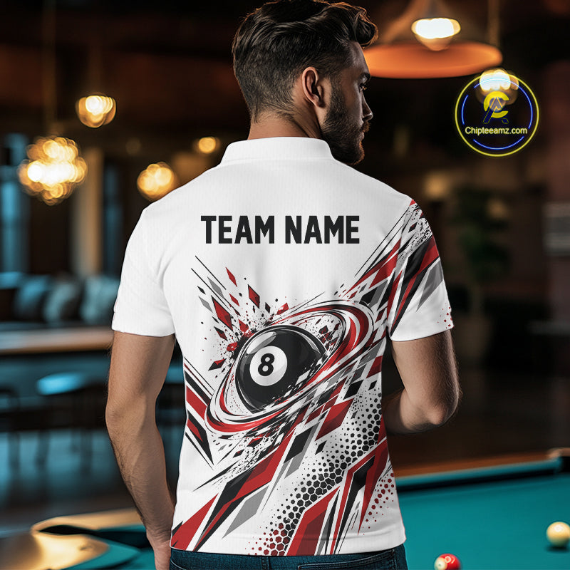 Custom White And Red Geometric 8 Ball Billiard Men Polo Shirt, Billiard Jersey IPHW12497