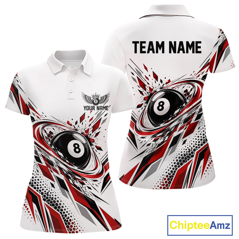 Custom White And Red Geometric 8 Ball Billiard Women Polo Shirt, Billiard Jersey IPHW12497