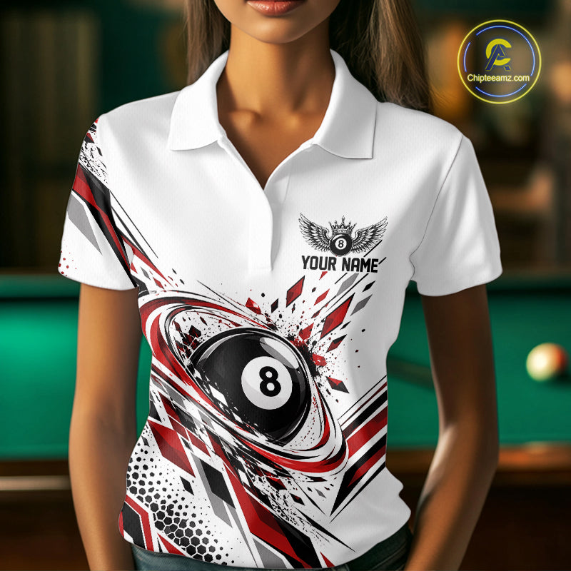 Custom White And Red Geometric 8 Ball Billiard Women Polo Shirt, Billiard Jersey IPHW12497