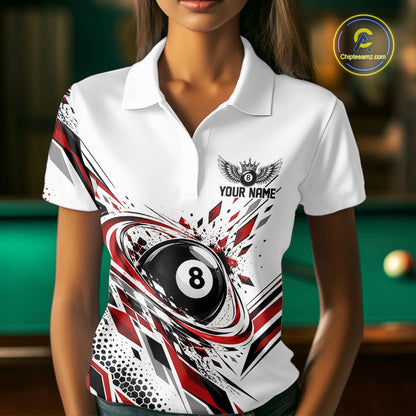 Custom White And Red Geometric 8 Ball Billiard Women Polo Shirt, Billiard Jersey IPHW12497