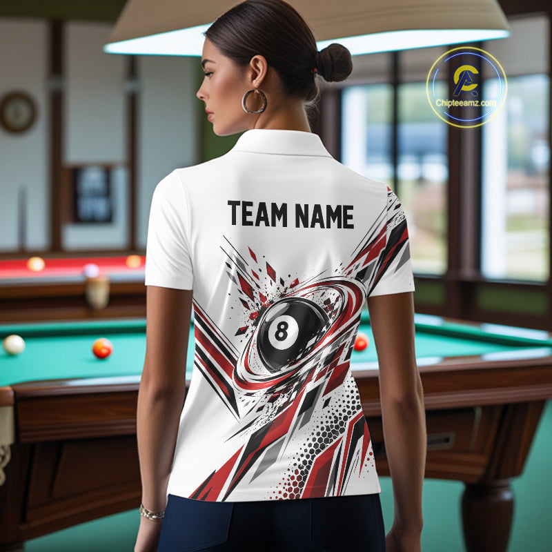 Custom White And Red Geometric 8 Ball Billiard Women Polo Shirt, Billiard Jersey IPHW12497