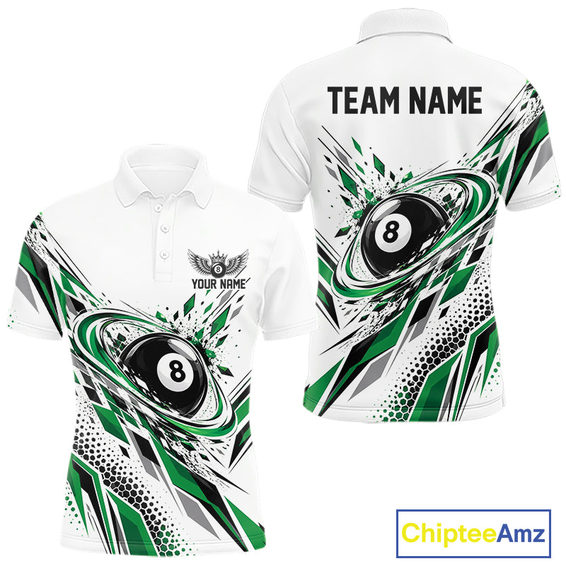 Custom White And Green Geometric 8 Ball Billiard Men Polo Shirt, Billiard Jersey IPHW12498