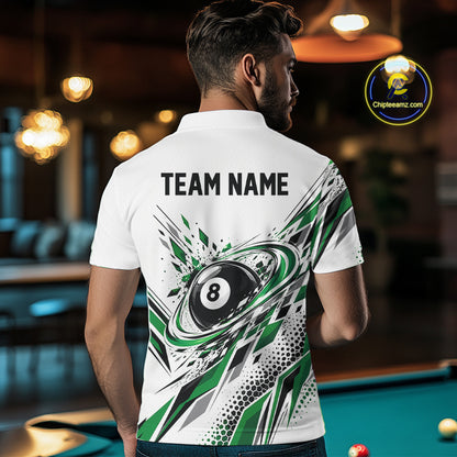 Custom White And Green Geometric 8 Ball Billiard Men Polo Shirt, Billiard Jersey IPHW12498