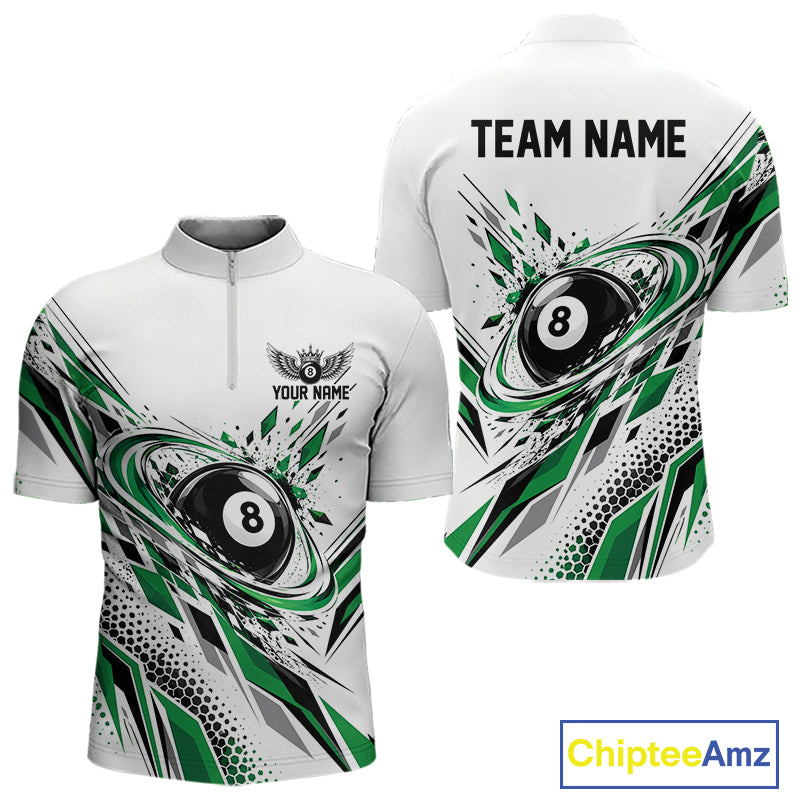 Custom White And Green Geometric 8 Ball Billiard Men Quarter Zip Shirt, Billiard Jersey IPHW12498