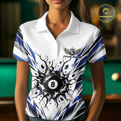 Custom Royal Blue 8 Ball Billiard Impact Women Polo Shirt, Billiard League Team Jersey IPHW12502
