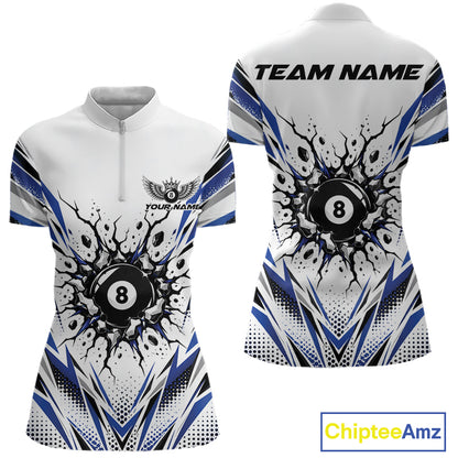 Custom Royal Blue 8 Ball Billiard Impact Billiard League Women Quarter-Zip Team Shirt IPHW12502