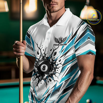 Custom Turquoise 8 Ball Billiard Impact Men Polo Shirt, Billiard League Team Jersey IPHW12503