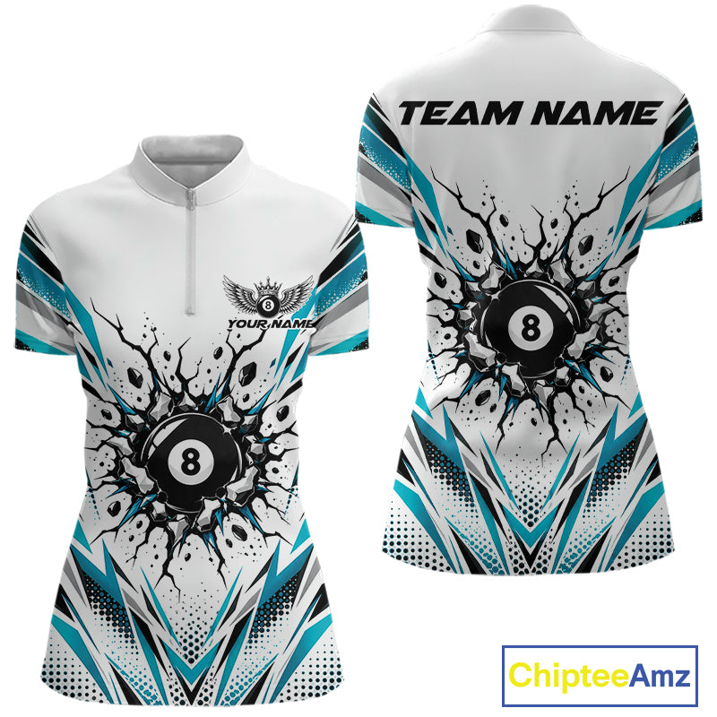 Custom Turquoise 8 Ball Billiard Impact Billiard League Women Quarter-Zip Team Shirt IPHW12503