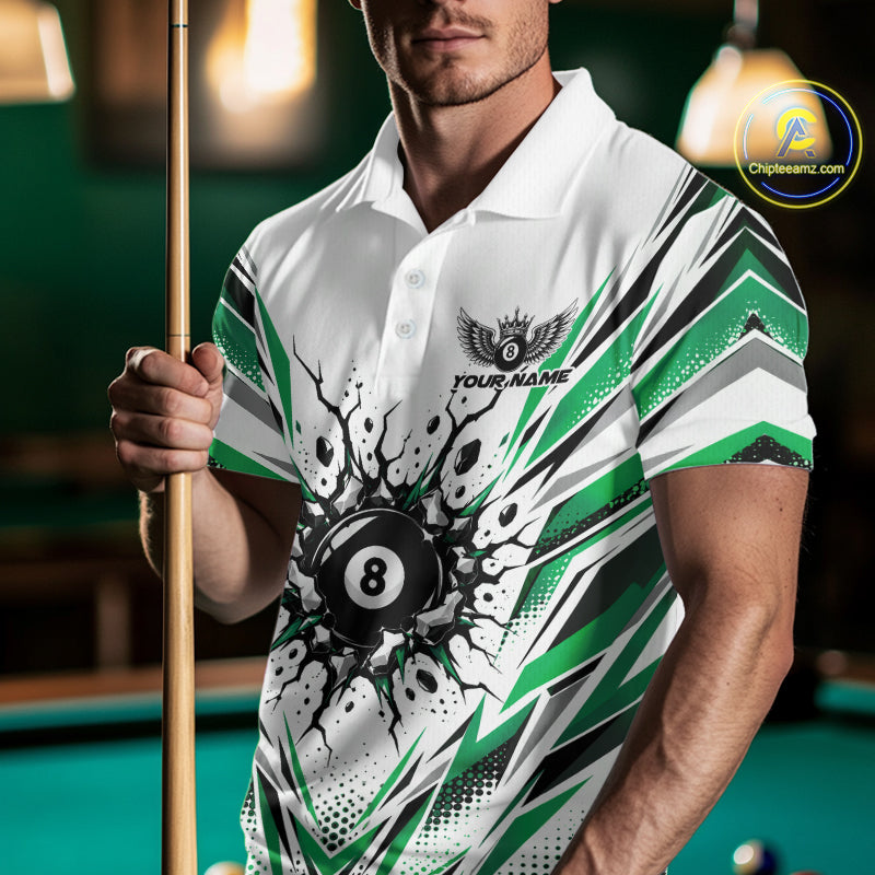 Custom Green 8 Ball Billiard Impact Men Polo Shirt, Billiard League Team Jersey IPHW12504