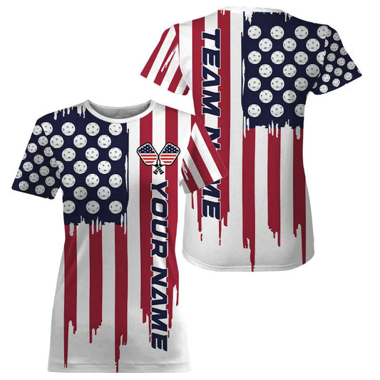 Custom American Flag Pickleball T-Shirts For Women, Patriotic Pickleball Jerseys For Team IPHW8121