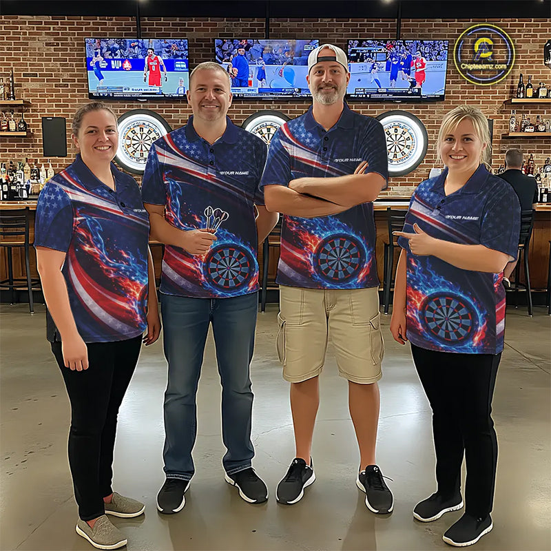 Custom US Flag Flame Dartboard Patriotic Dart Team Jerseys, Patriotic Dart Players Outfits Dart Uniform IPHW10409