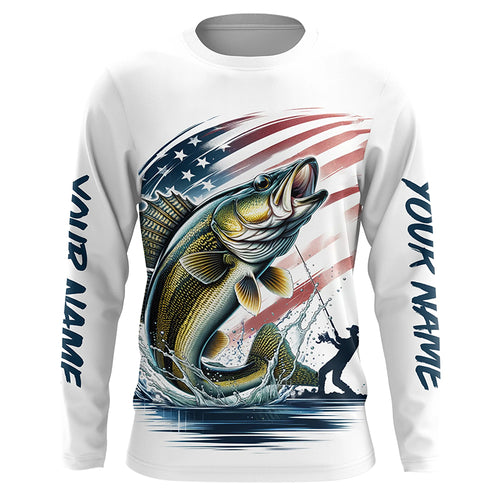 Personalized American Flag Walleye Long Sleeve Fishing Shirts, Patriotic Walleye Fishing Jerseys IPHW6046