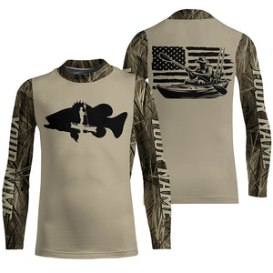 Personalized American Flag Kayak Bass Fishing Long Sleeve Shirts, Lake Camo Kayak Fishing Shirt IPHW6053