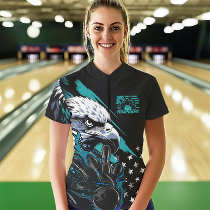 Black And Blue American Flag Eagle Custom Patriotic Flame Bowling Women Quarter-Zip Shirts IPHW8849