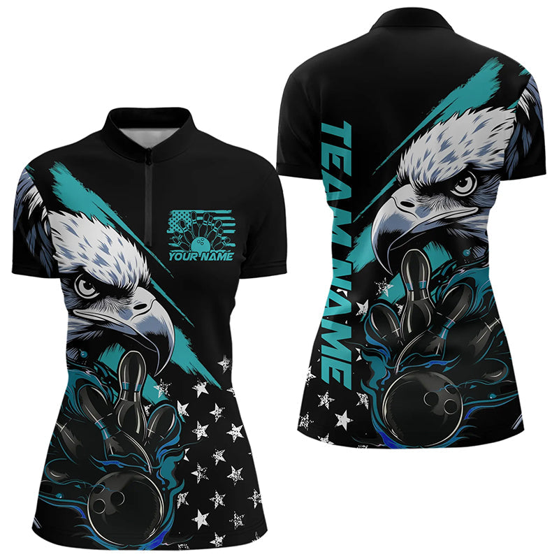 Black And Blue American Flag Eagle Custom Patriotic Flame Bowling Women Quarter-Zip Shirts IPHW8849