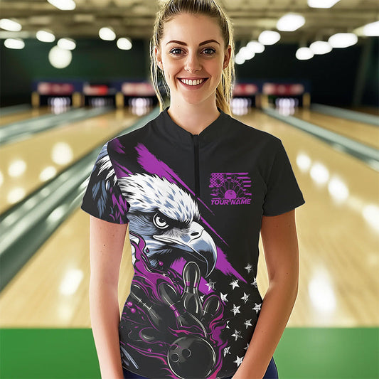 Black And Purple American Flag Eagle Custom Patriotic Flame Bowling Women Quarter-Zip Shirt IPHW8850