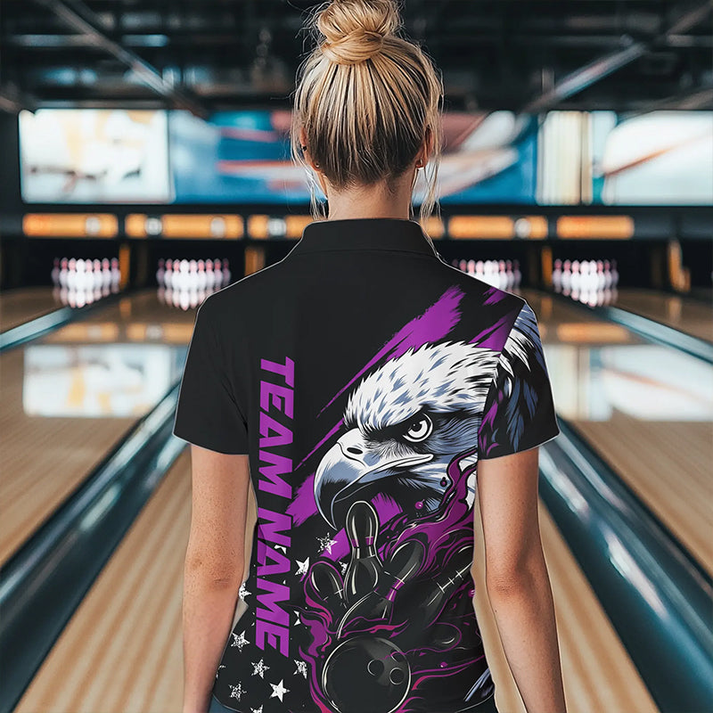 Black And Purple American Flag Eagle Custom Patriotic Flame Bowling Women Quarter-Zip Shirt IPHW8850