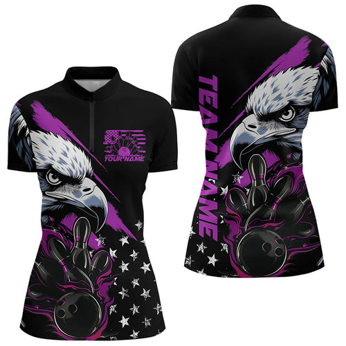 Black And Purple American Flag Eagle Custom Patriotic Flame Bowling Women Quarter-Zip Shirt IPHW8850