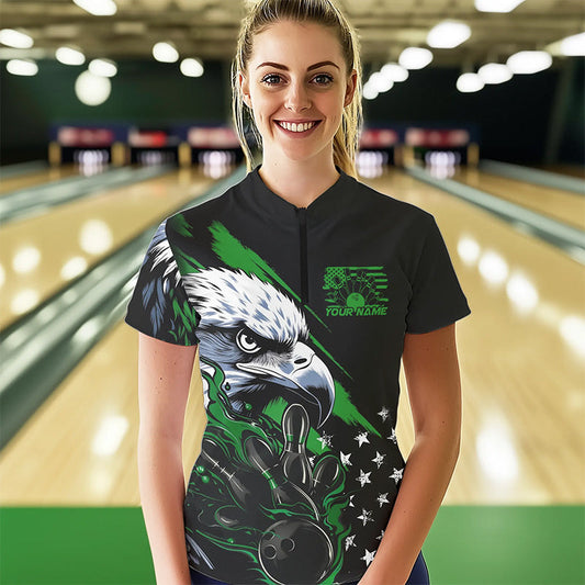 Black And Green American Flag Eagle Custom Patriotic Flame Bowling Women Quarter-Zip Shirt IPHW8851