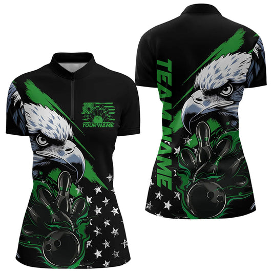 Black And Green American Flag Eagle Custom Patriotic Flame Bowling Women Quarter-Zip Shirt IPHW8851