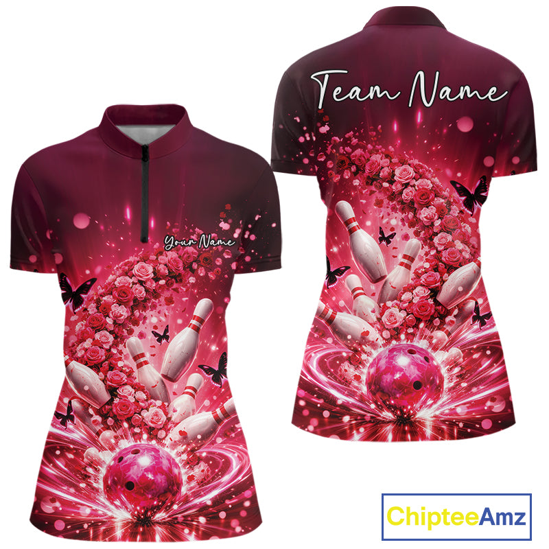 Custom Elegant Red Roses And Butterfly Women Bowling Shirt, Flower Bowling League Shirt IPHW10926