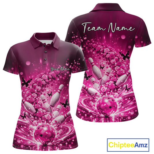 Custom Elegant Pink Roses And Butterfly Women Bowling Shirt, Flower Bowling League Shirt IPHW10928
