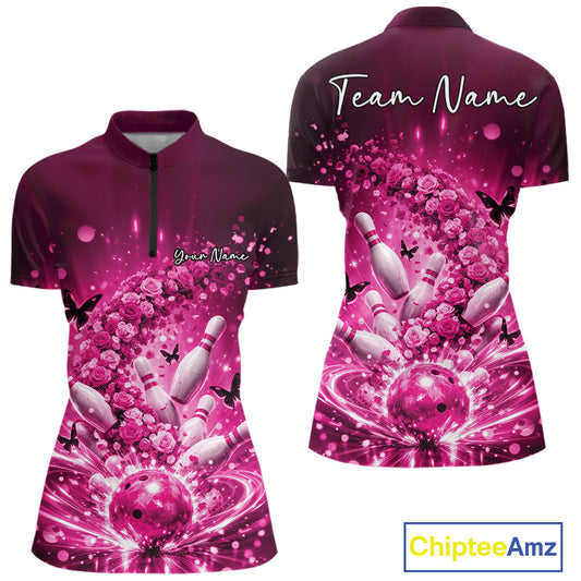 Custom Elegant Pink Roses And Butterfly Women Bowling Shirt, Flower Bowling League Shirt IPHW10928