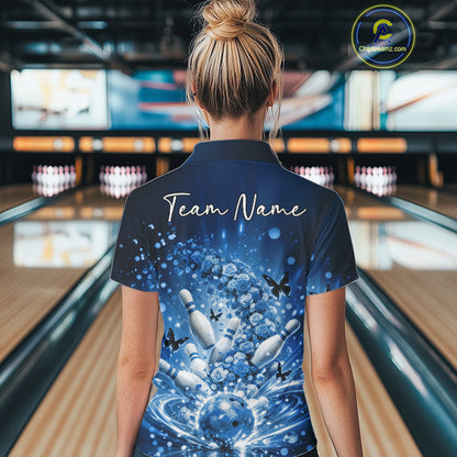 Custom Elegant Blue Roses And Butterfly Women Bowling Shirt, Flower Bowling League Shirt IPHW10929