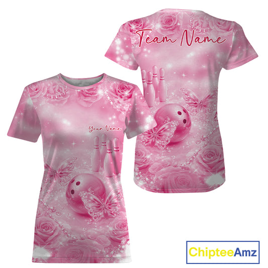 Custom Elegant Pink Roses And Butterfly Women Bowling T-Shirts, Ladies Outfit IPHW10937