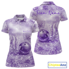 Load image into Gallery viewer, Custom Elegant Purple Roses And Butterfly Women Bowling Polo Shirts, Ladies Outfit IPHW10938