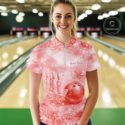 Custom Elegant Red Roses And Butterfly Women Bowling Quarter-Zip Shirts, Ladies Outfit IPHW10940